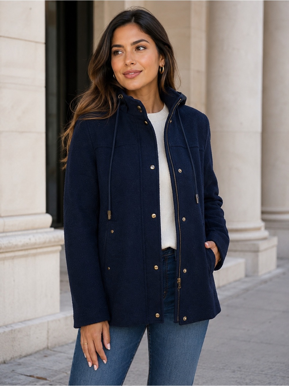 Zara Navy Blue Wool Blend Zipper Military Style Jacket Size Small